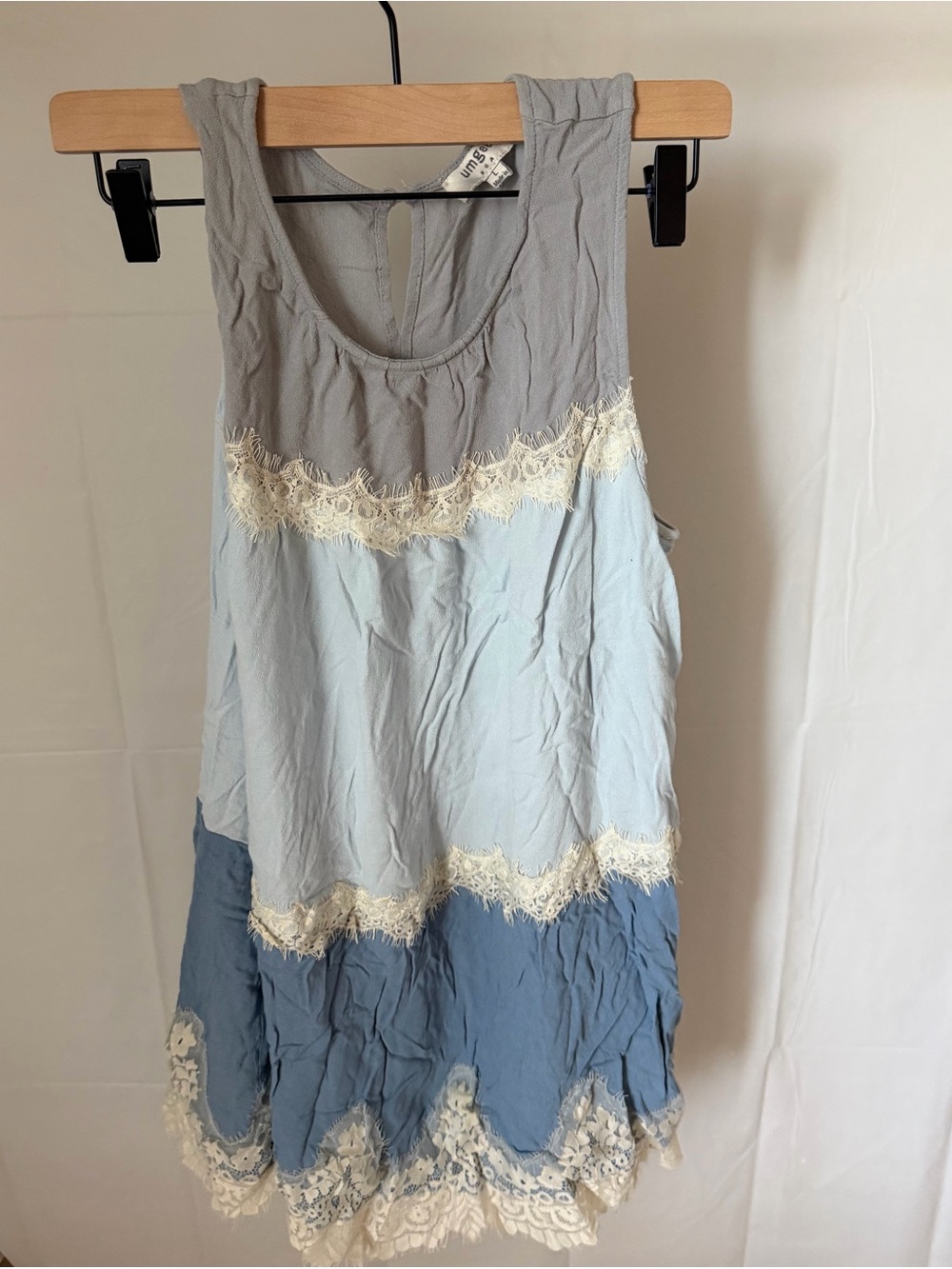 Umgee Gray and Light Blue Lace Trim Tank Top